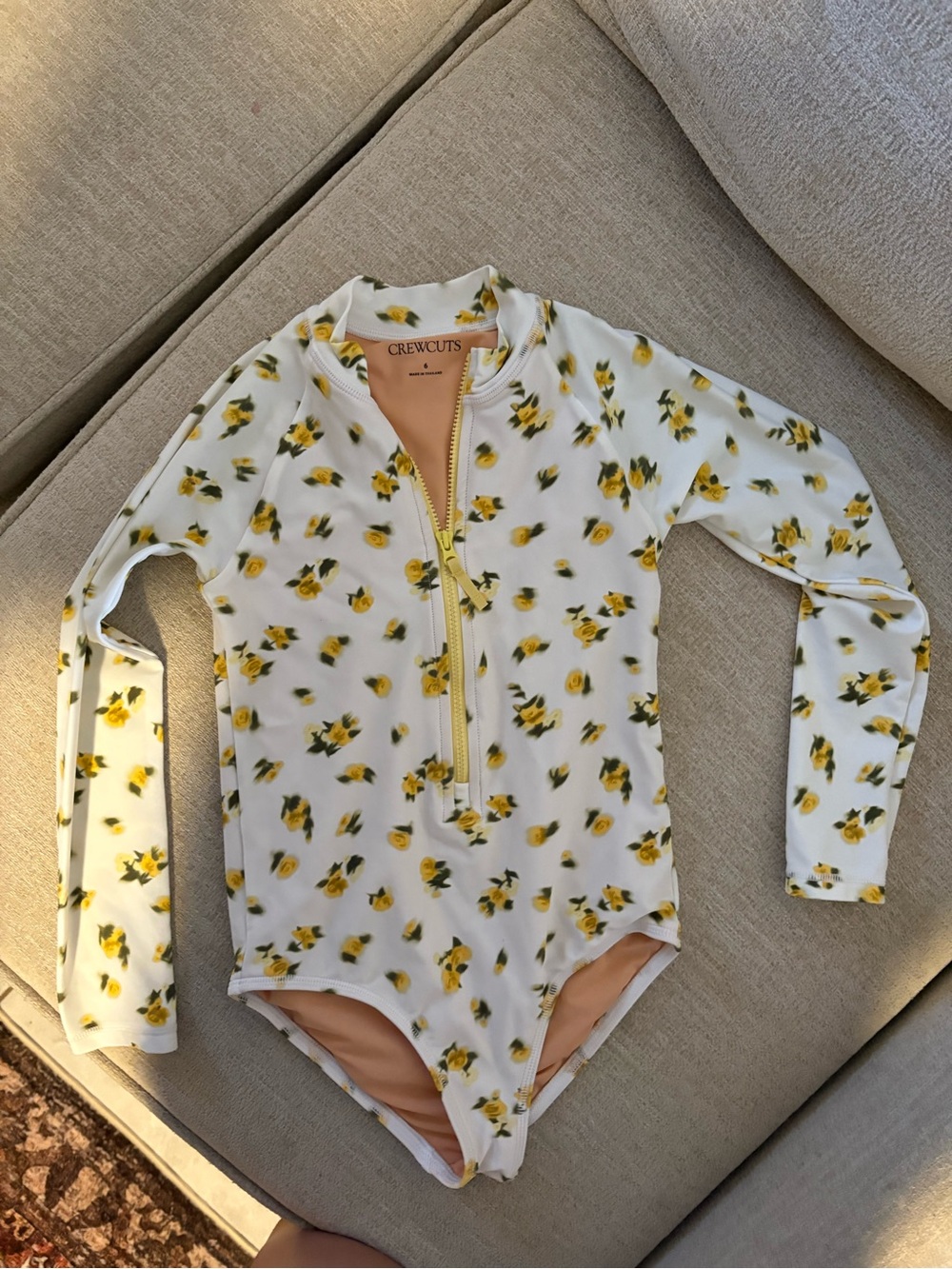 NWOT Crewcuts 6  White Floral Zip Long-Sleeve Swimsuit with Yellow Roses